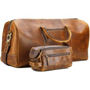 Leather Duffel Bag & Toiletry Bag Combo Travel Bag Sports Overnight Weekender